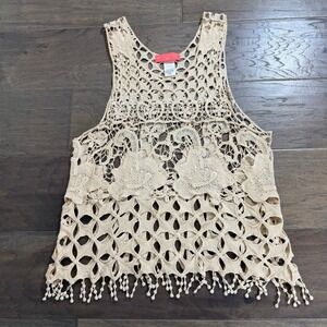 Soul Cake Crochet Lace Tank Top Beige Floral Fringe Boho Festival Size S M
